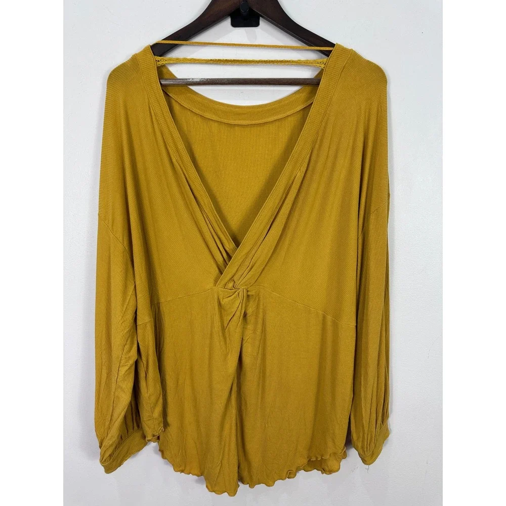 Free People Ribbed Twist Back Top Womens Medium Mustard Yellow Boho Whimsical